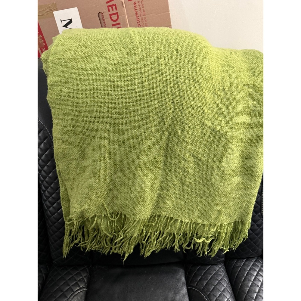 West Elm Lime Green Chartreuse Acrylic Fringe Throw Blanket 50x60